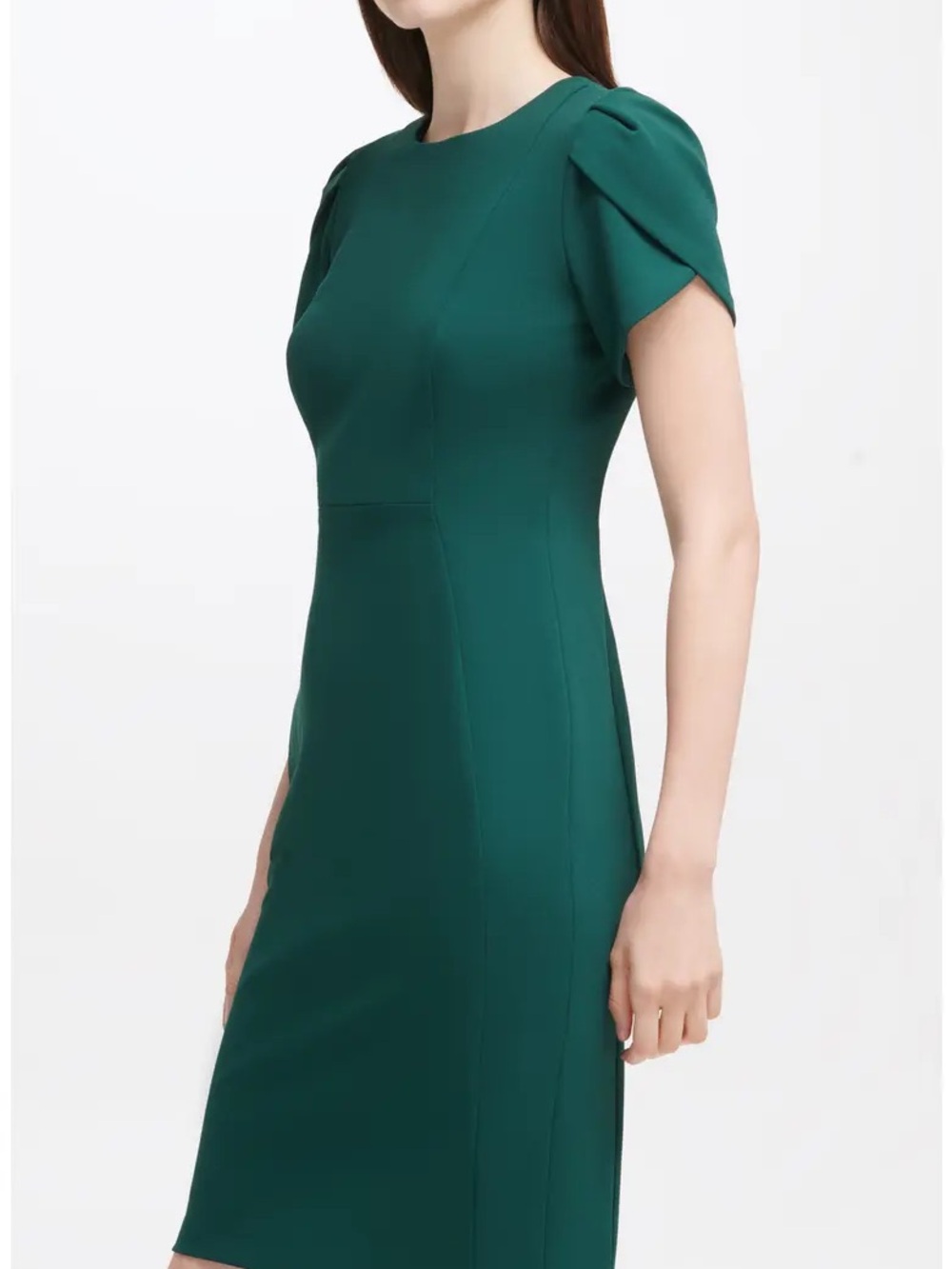 Calvin Klein Teal Green Midi Sheath Dress with Pleated Cap Sleeves